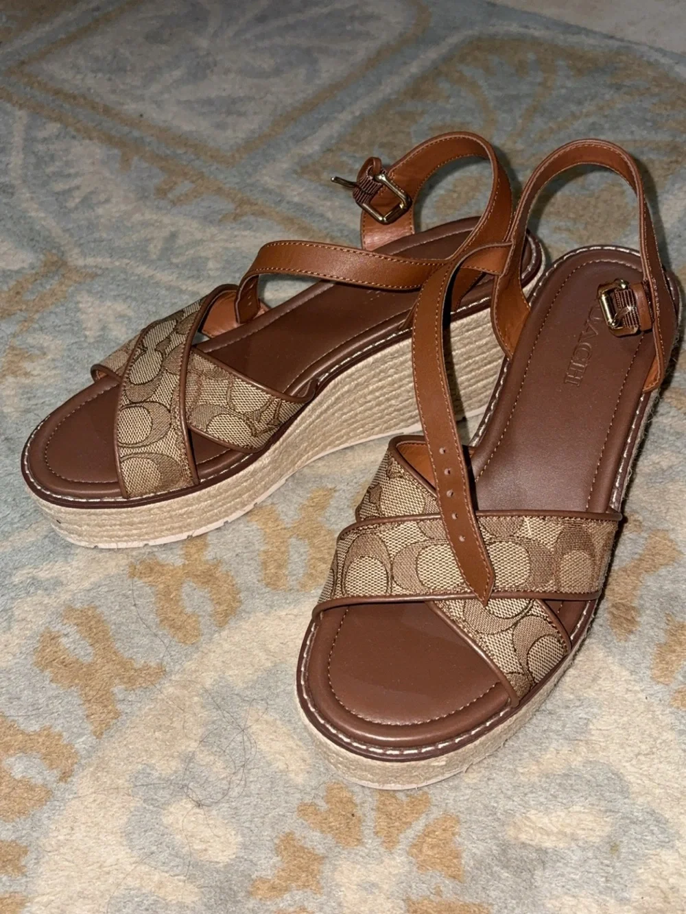 Coach Tan & Brown Signature Cross-Panel Slingback Sandals